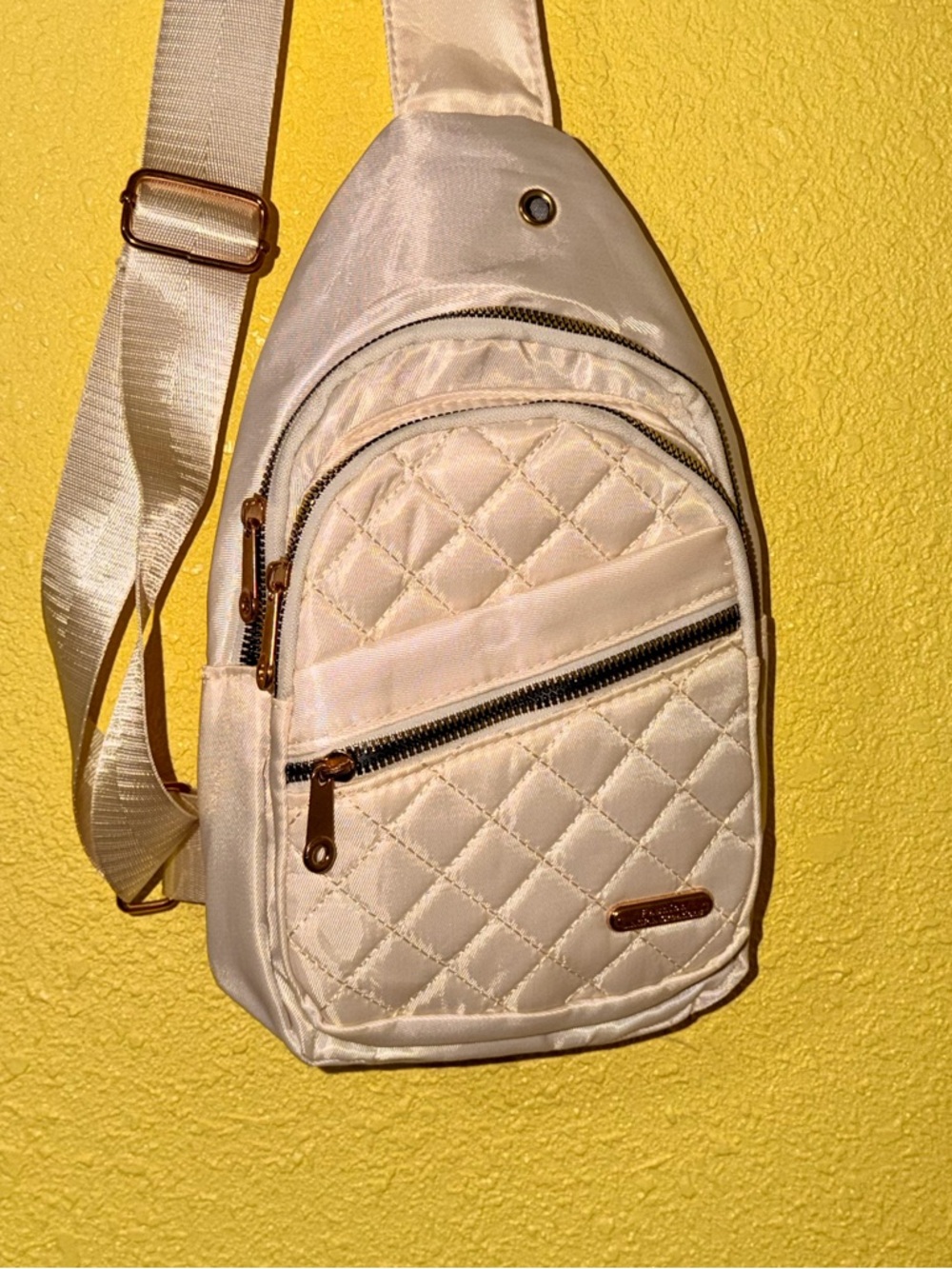 Cream Quilted Satin Sling Crossbody Bag